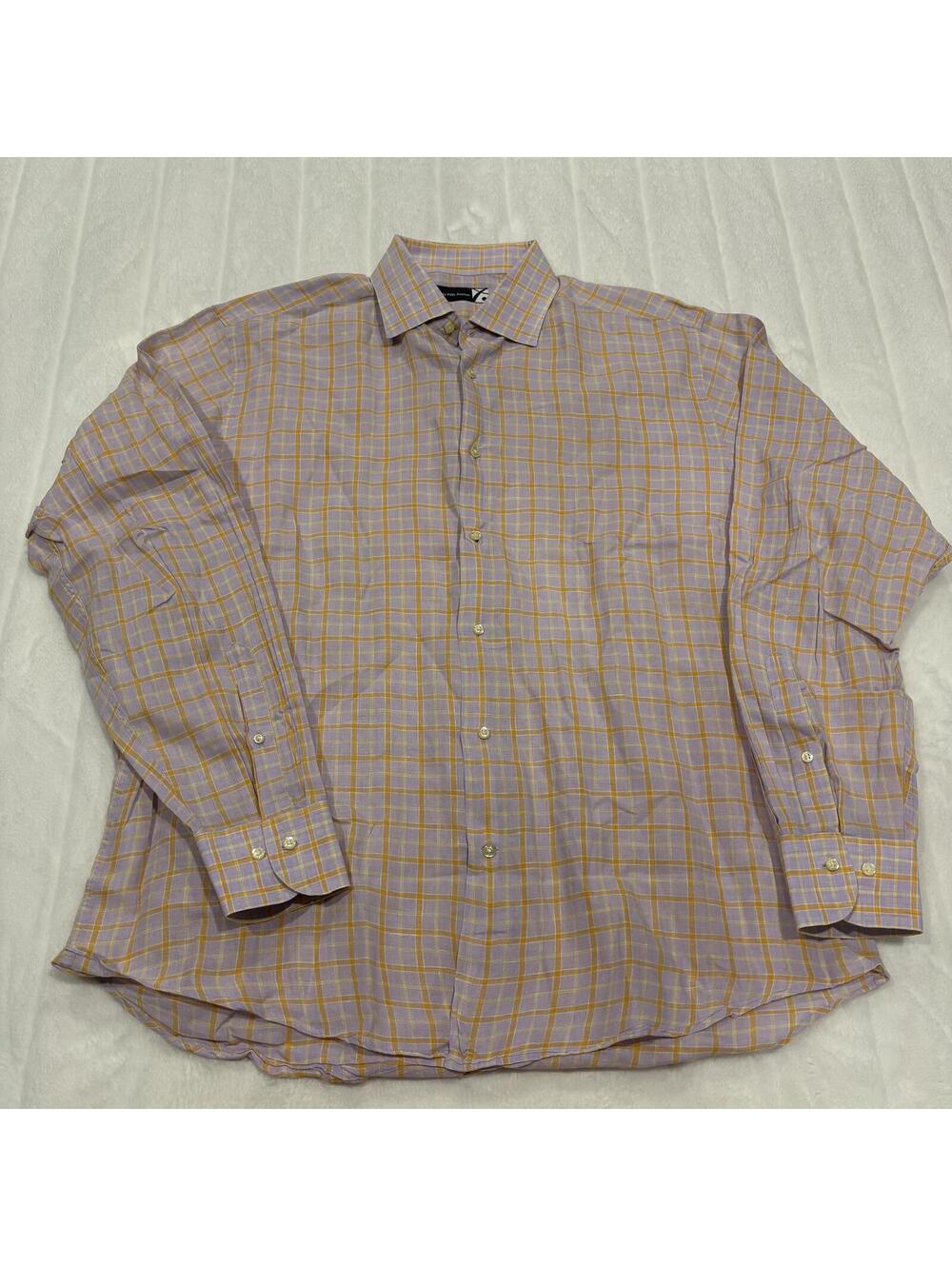 Saks Fifth Avenue Classic Men's Linen Shirt Size 17.5 Lavender Orange Plaid
